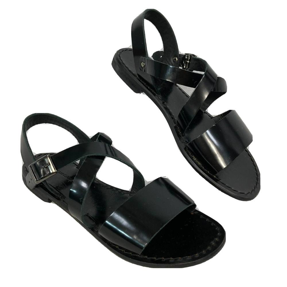 Fabio Rusconi Sandals Womens Sz 5.5 Black Leather Strappy Buckle Flat Italy